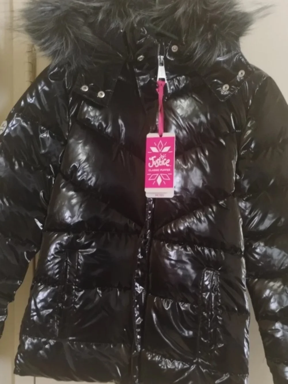 Justice Black Shiny Puffer Coat with Faux Fur Hood